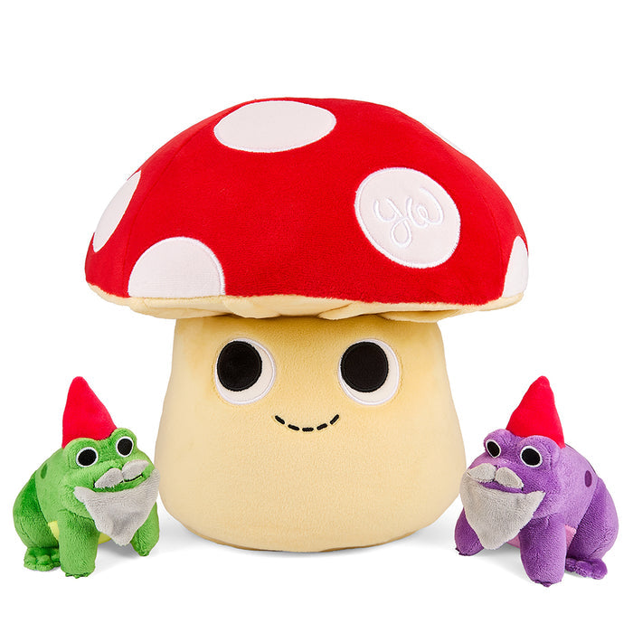 13-inch Kidrobot plush mushroom with frog gnome characters, soft and colorful stuffed toy for children and collectors.