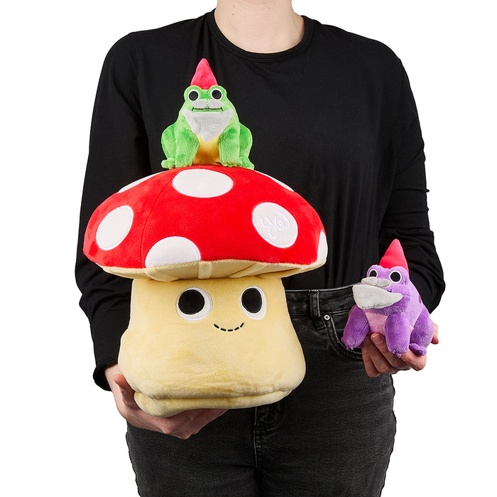 13-inch Kidrobot plush mushroom with adorable frog gnome characters, soft and interactive for children.