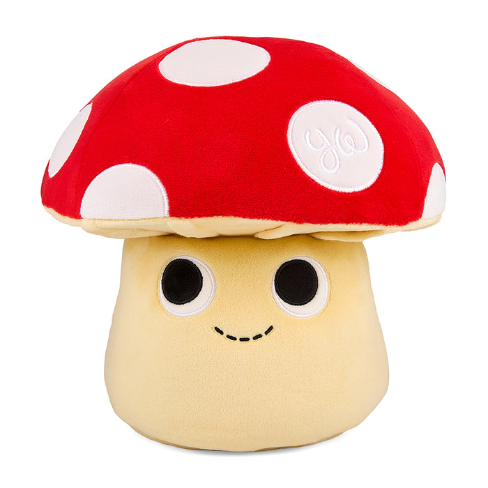 13-inch Kidrobot plush mushroom with adorable frog gnomes, soft and interactive toy for children.