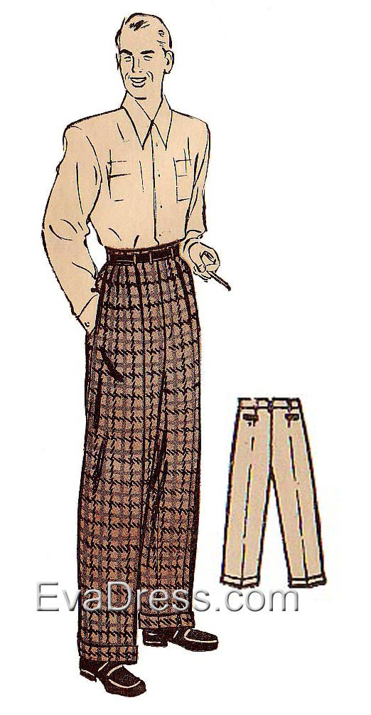 1940's Men's Trousers with Dropped Belt Loops T40-3988