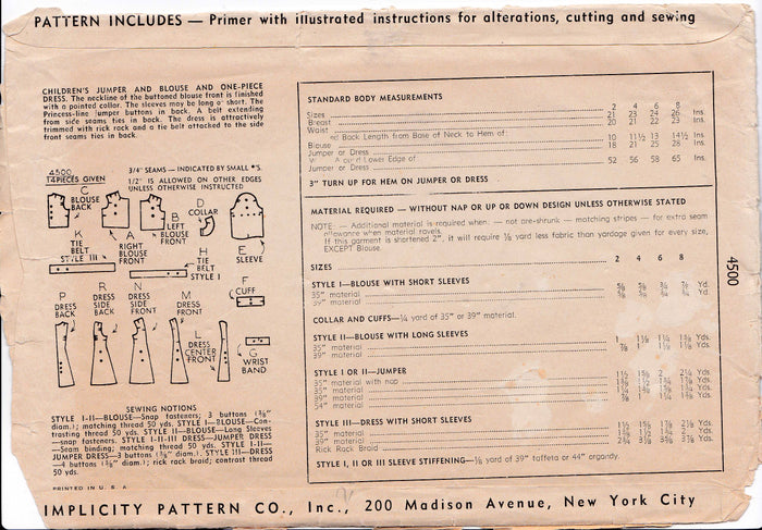 1943 Girl's Jumper, Blouse and Dress, Original Simplicity 4500