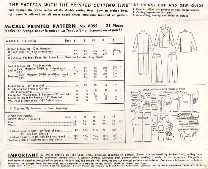 1950 Boys' Jacket & Trousers, Original Simplicity 8052