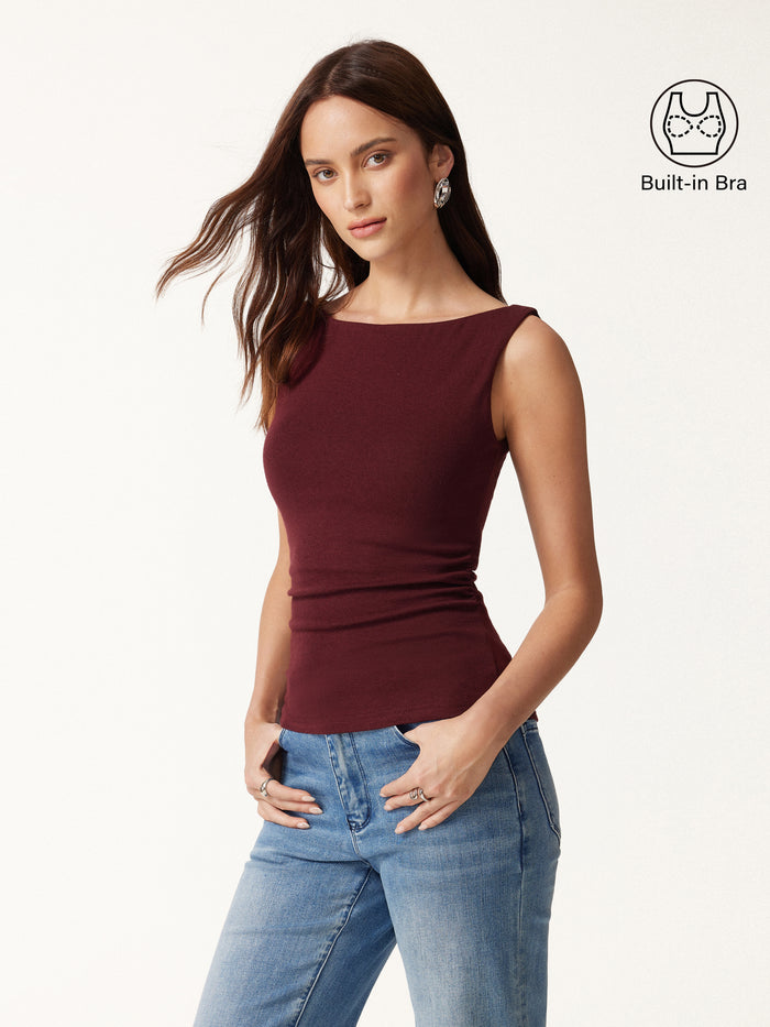 2Pcs Set Boat-Neck Tank Top & Slimming High Rise Wide Leg Pant