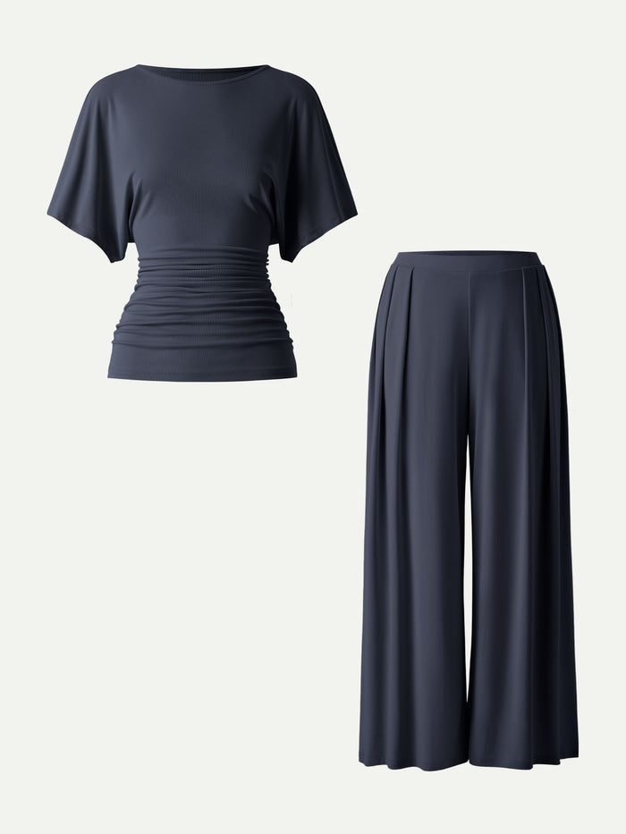 OGLmove 2Pcs Set Boatneck Sleeve Top & Wide Leg Palazzo Pant with Pockets