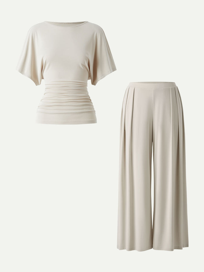 OGLmove 2Pcs Set Boatneck Sleeve Top & Wide Leg Palazzo Pant with Pockets
