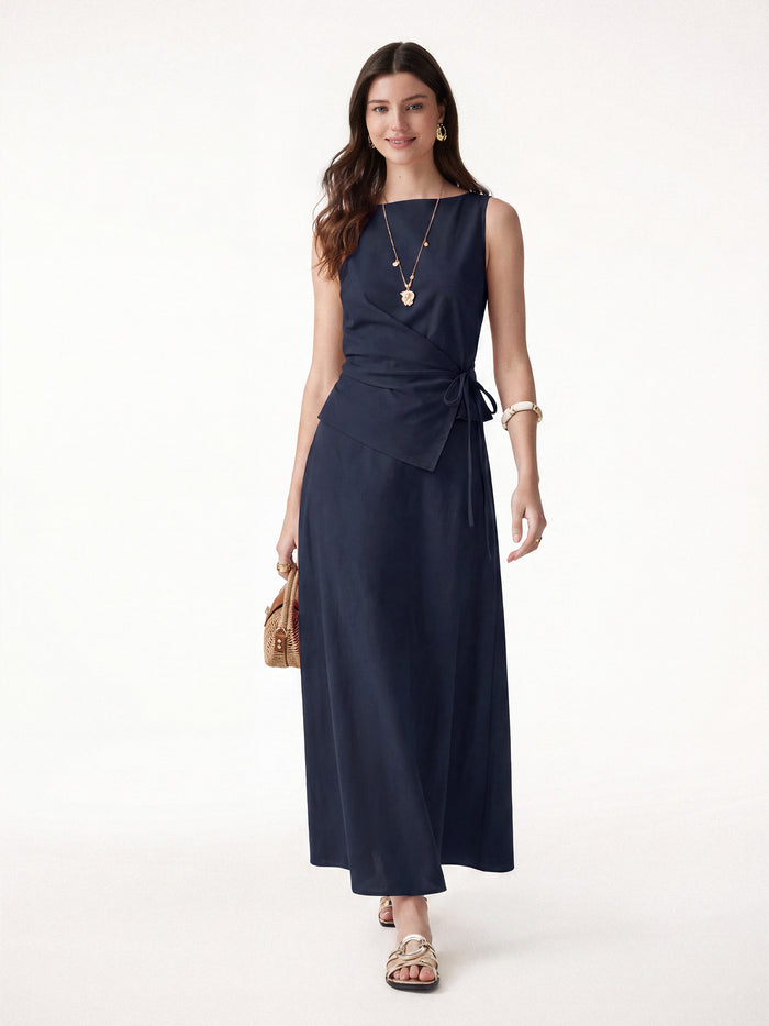OGLmove 2Pcs Set Boatneck Top & Maxi Flared Pull-On Skirt Universe Navy XS