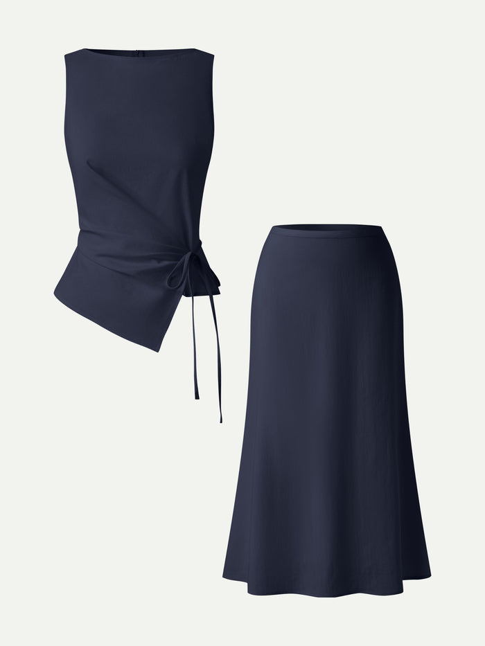 OGLmove 2Pcs Set Boatneck Top & Maxi Flared Pull-On Skirt