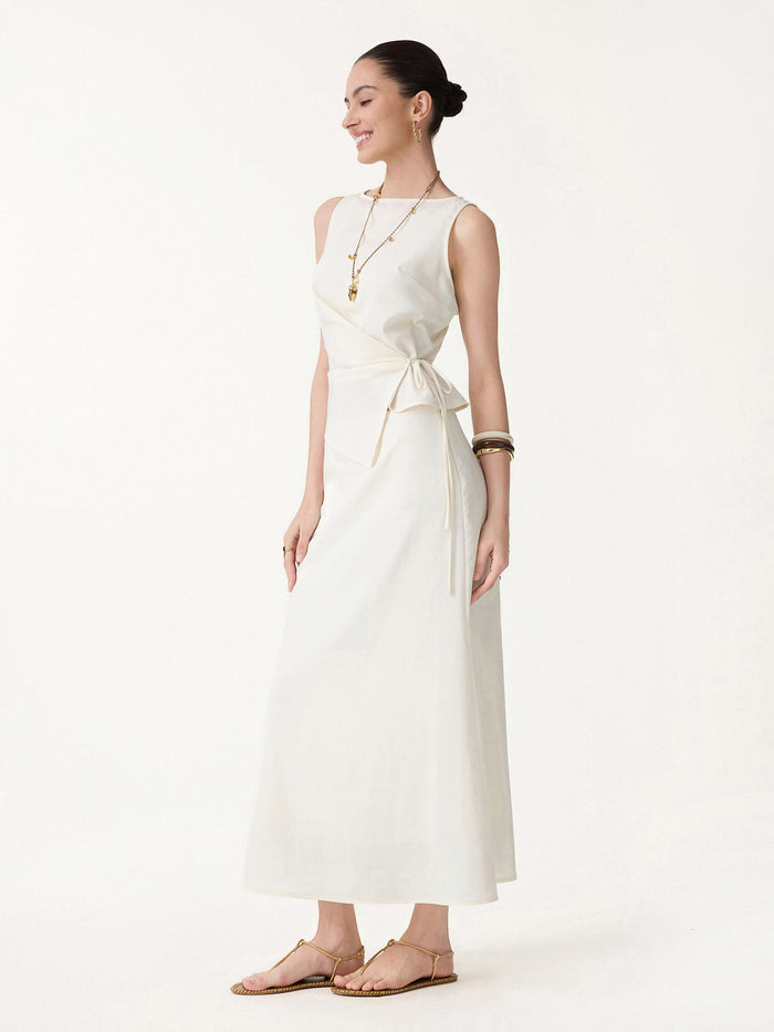 OGLmove 2Pcs Set Boatneck Waist-Defined Top & Maxi Flared Pull-On Skirt