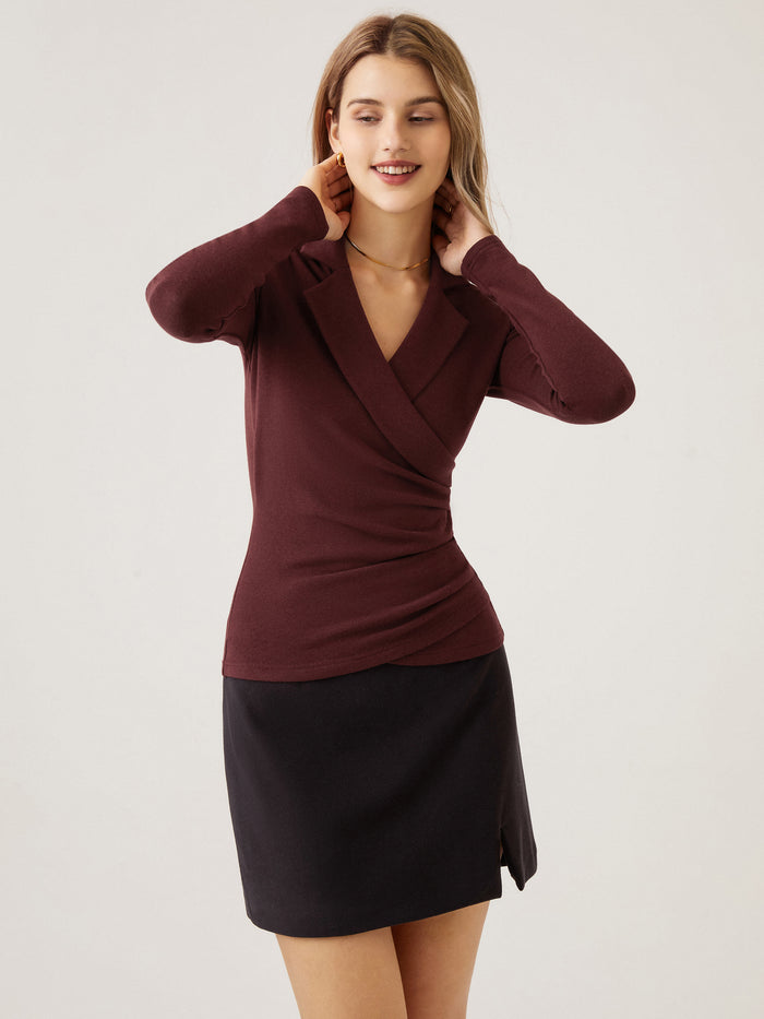 OGLmove 2Pcs Set Collared Surplice Top & High Waisted Straight Leg Pull On Pant