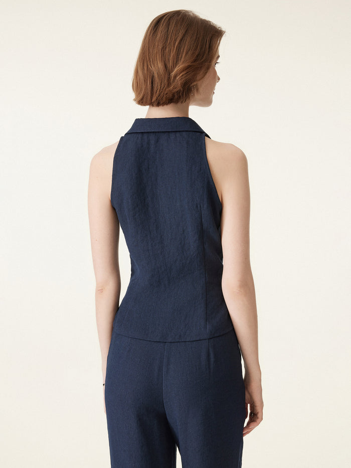 OGLmove 2Pcs Set V-neck Sleeveless Top & Mid Rise Flared Pant with Pockets