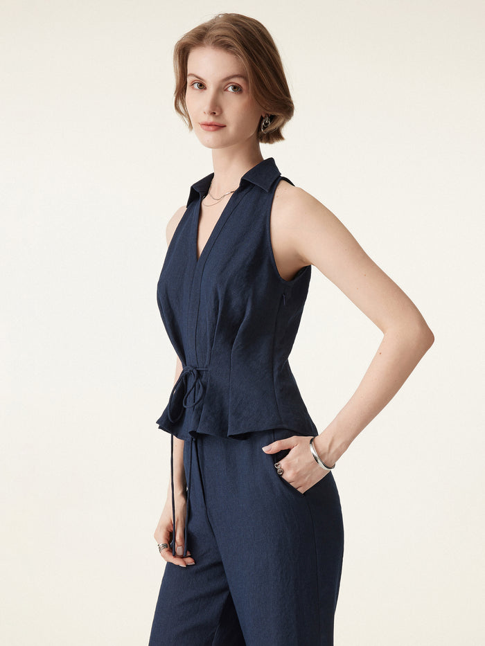 OGLmove 2Pcs Set Collared V-neck Top & Mid-Rise Wide-Leg Lounge Pants