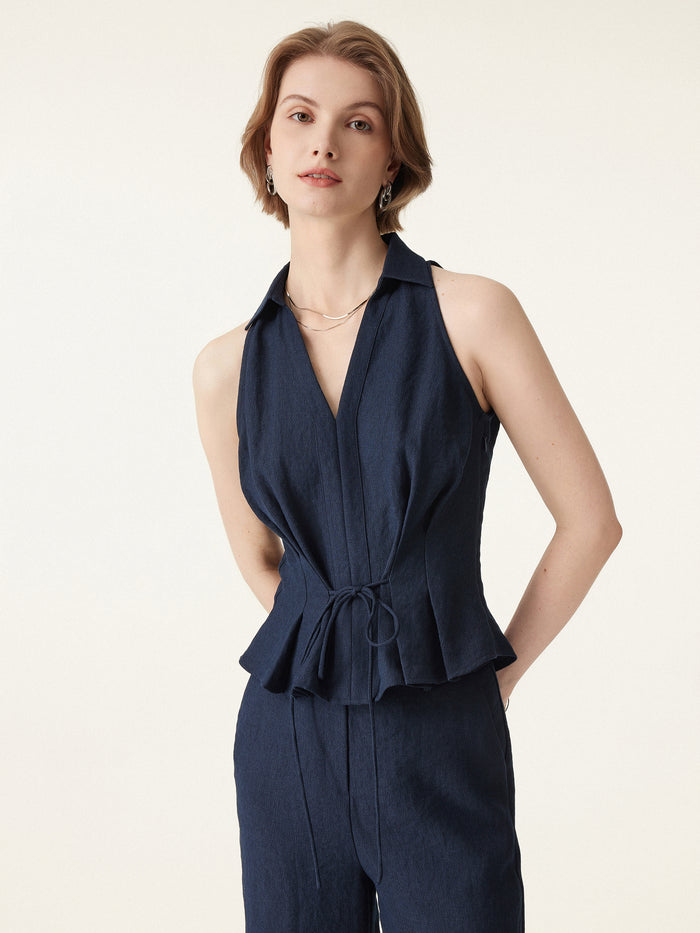 OGLmove 2Pcs Set Collared V-neck Top & Mid-Rise Wide-Leg Lounge Pants