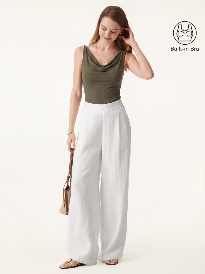 OGLmove 2Pcs Set Cowl Neck Bra Tank & Mid Rise Wide Leg Pant with Pockets Olive Green/Linen White XS