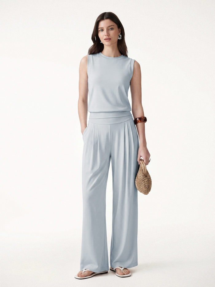 OGLmove 2Pcs Set Crew Neck Top & Flowy Tucked Palazzo Pant with Pockets Smoke Blue S