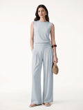 OGLmove 2Pcs Set Crew Neck Top & Flowy Tucked Palazzo Pant with Pockets Smoke Blue S