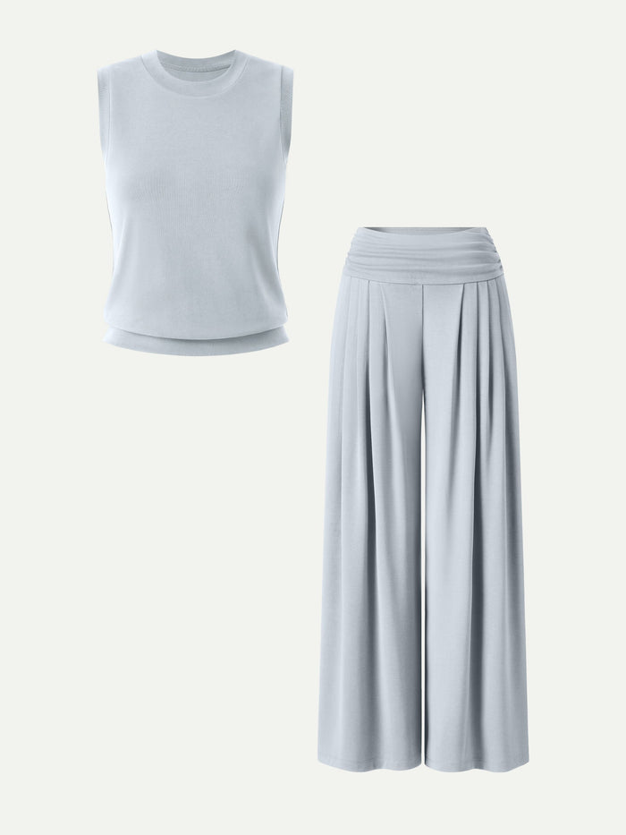OGLmove 2Pcs Set Crew Neck Top & Flowy Tucked Palazzo Pant with Pockets