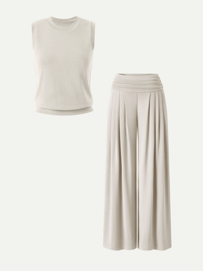 OGLmove 2Pcs Set Crew Neck Top & Flowy Tucked Palazzo Pant with Pockets