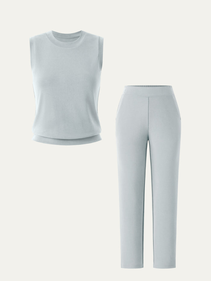 OGLmove 2Pcs Set Crewneck Tee & Mid Rise Tapered with Pockets