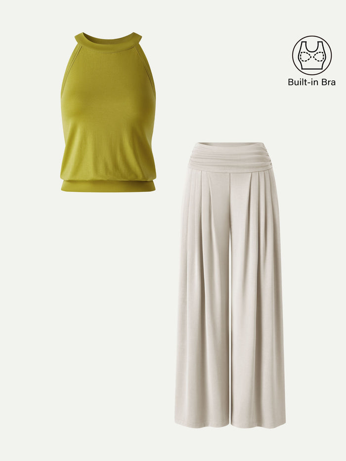 OGLmove 2Pcs Set Halter Neck Bra Tank & Tucked Pant with Pockets