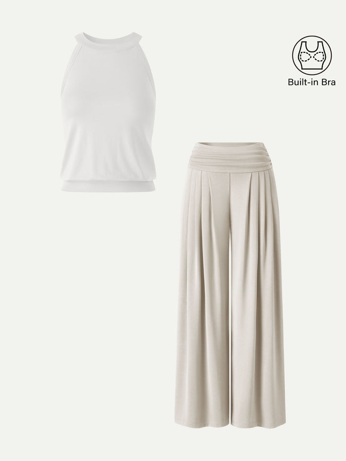 OGLmove 2Pcs Set Halter Neck Bra Tank & Tucked Pant with Pockets Off White/Morning Mist XS