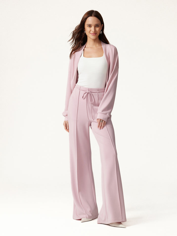 2Pcs Set Long Sleeve Drop-Shoulder Cardigan & High-Rise Flare Pants with Pockets