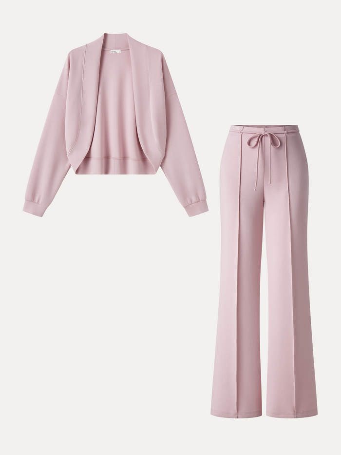 OGLmove 2Pcs Set Long Sleeve Drop-Shoulder Cardigan & High-Rise Flare Pants with Pockets Crepe Pink XXS