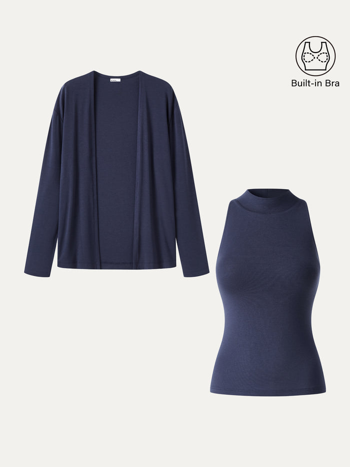 OGLmove 2Pcs Set Mock Neck Bra Top & Open-Front Long Sleeve Cardigan