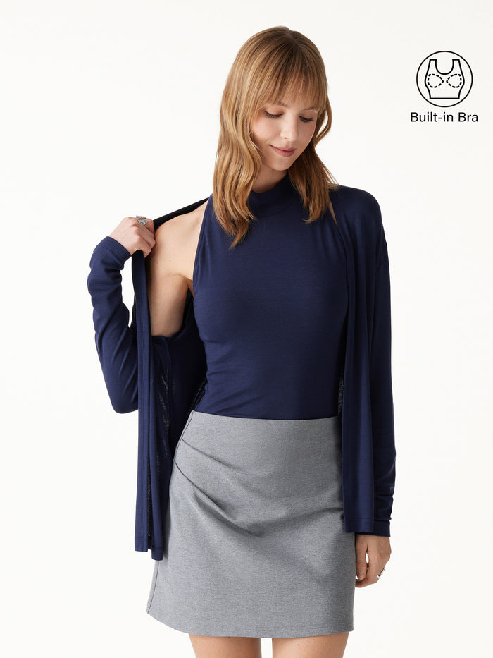 OGLmove 2Pcs Set Mock Neck Bra Top & Open-Front Long Sleeve Cardigan