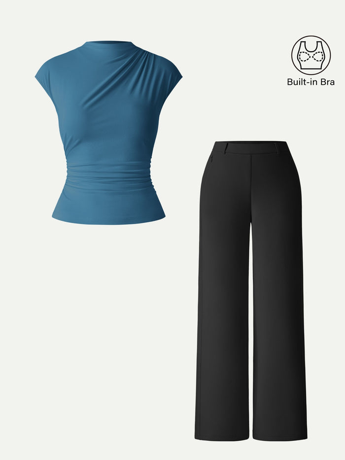 OGLmove 2Pcs Set Mockneck Cropped Bra Top & Slimming High Rise Wide Leg Pant Dark Marine/Black XS