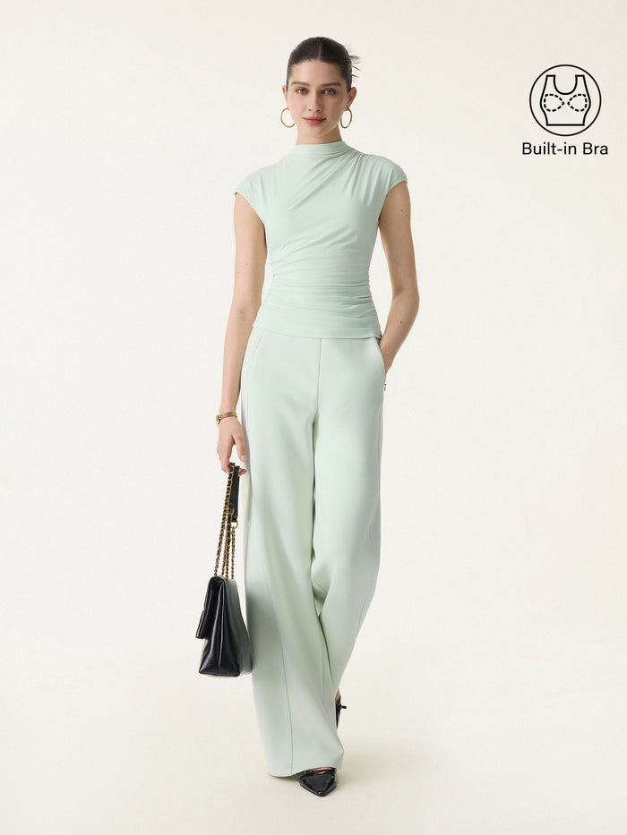 OGLmove 2Pcs Set Mockneck Cropped Bra Top & Slimming High Rise Wide Leg Pant