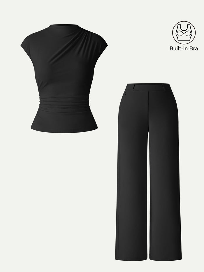 OGLmove 2Pcs Set Mockneck Cropped Bra Top & Slimming High Rise Wide Leg Pant Black XS