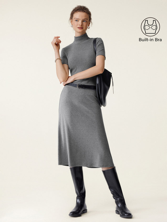 OGLmove 2Pcs Set Mockneck Short Sleeve Bra Top & Pull-On Midi Skirt Heather Carbon XXS