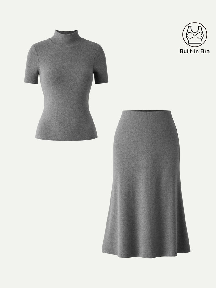 OGLmove 2Pcs Set Mockneck Short Sleeve Bra Top & Pull-On Midi Skirt