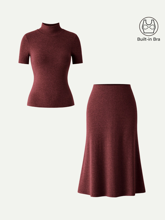 OGLmove 2Pcs Set Mockneck Short Sleeve Bra Top & Pull-On Midi Skirt