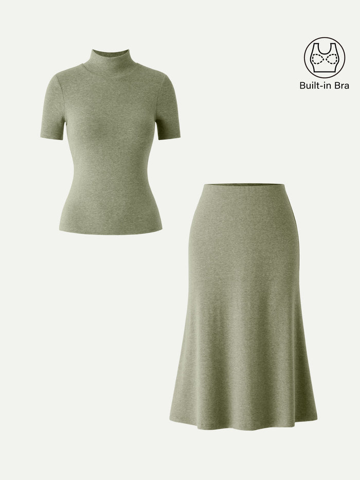 OGLmove 2Pcs Set Mockneck Short Sleeve Bra Top & Pull-On Midi Skirt