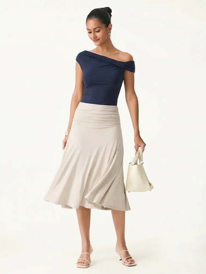 OGLmove 2Pcs Set Multi-wear Bra Top & Side Ruched A-line Midi Skirt