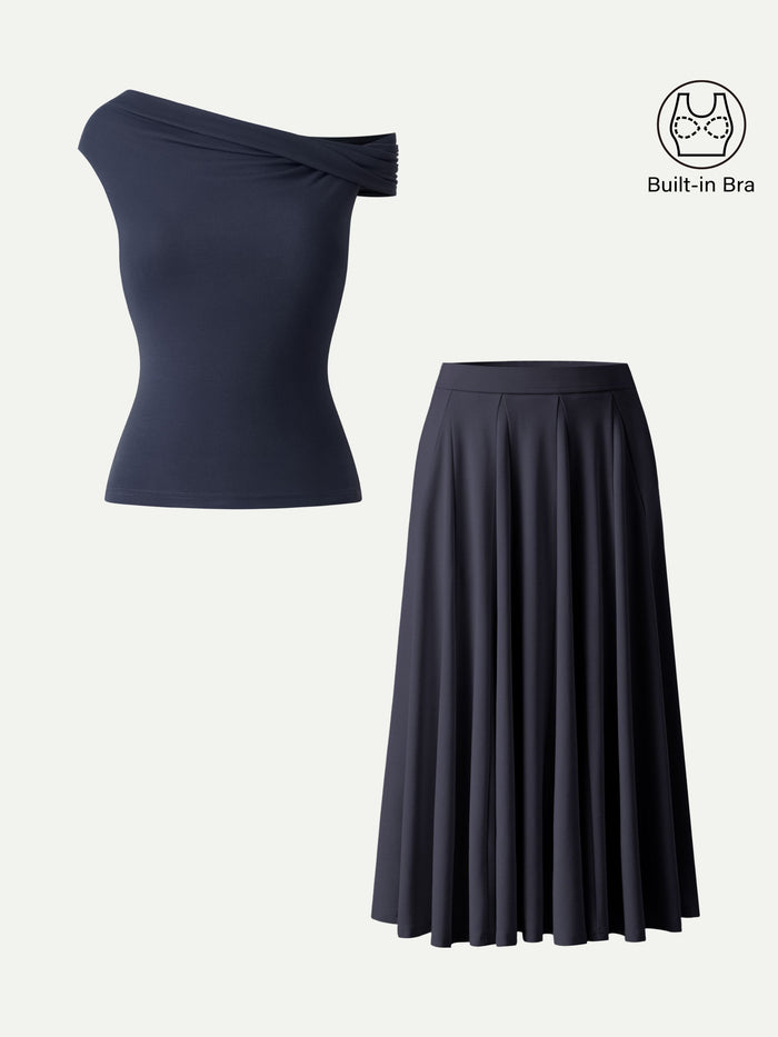 OGLmove 2Pcs Set Multi-wear Bra Top & Volume Skirt with Pockets