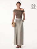 OGLmove 2Pcs Set Multi-wear Necklines Bra Top & Gathered A-Line Maxi Skirt with Pockets Iced Mocha/Dark Alabaster XS