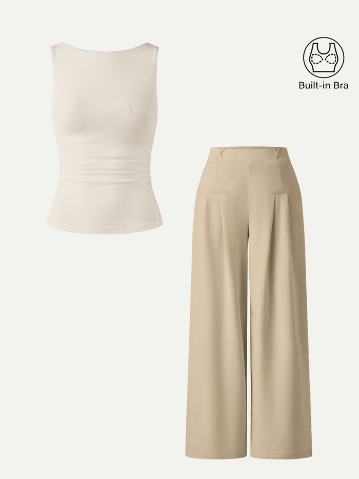 OGLmove 2Pcs Set Open Back Bra Tank & Mid Rise Wide Leg Trouser with Pockets