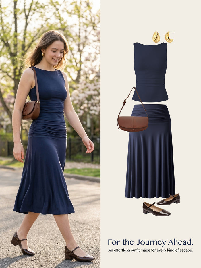 OGLmove 2Pcs Set Open Back Bra Tank & Side Ruched A-line Midi Skirt