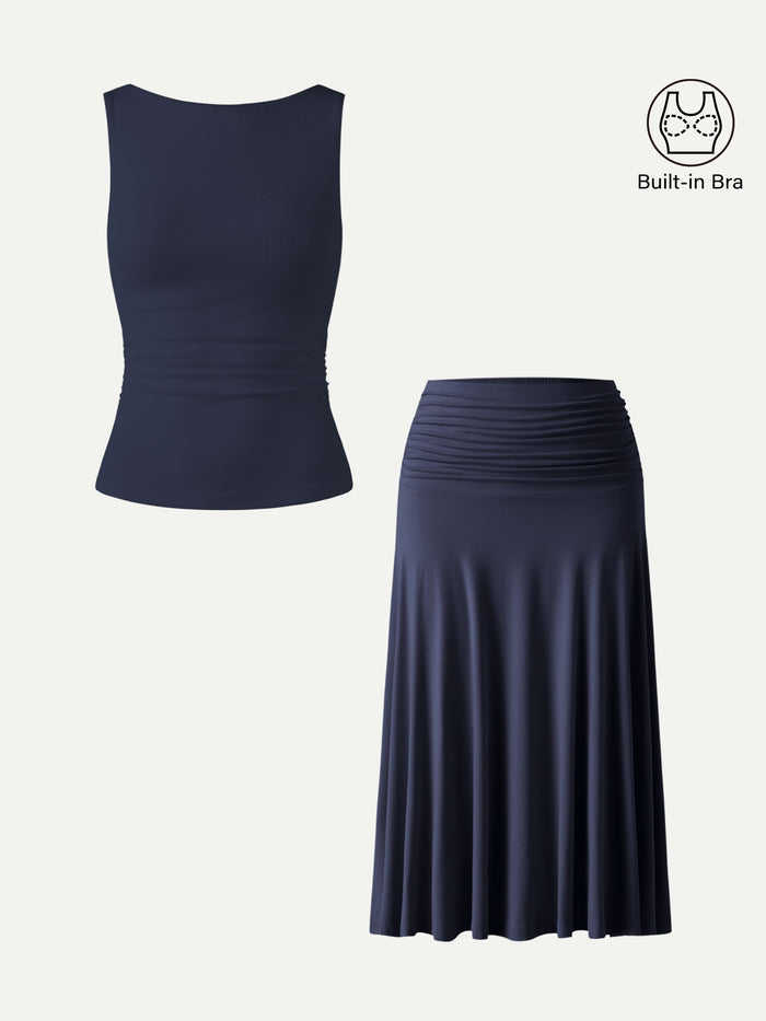OGLmove 2Pcs Set Open Back Bra Tank & Side Ruched A-line Midi Skirt