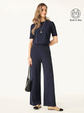 OGLmove 2Pcs Set Petite Wide Leg Pant with Pockets & Crewneck Bra Top Smoky Navy XXS