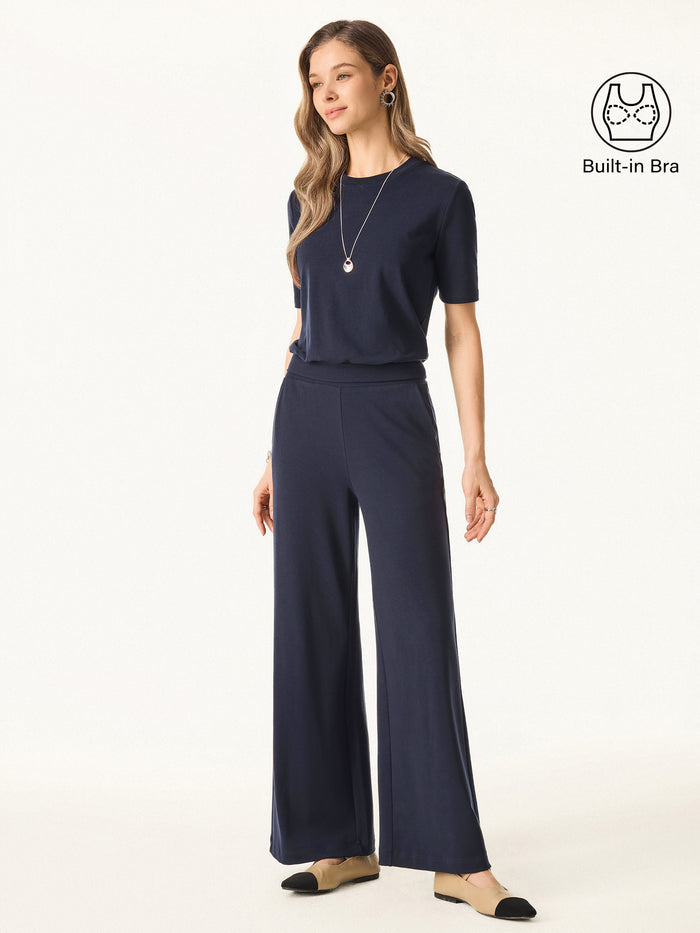 OGLmove 2Pcs Set Petite Wide Leg Pant with Pockets & Crewneck Bra Top