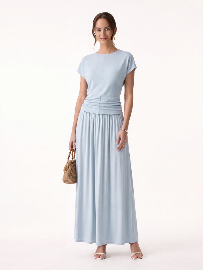 OGLmove 2Pcs Set Round Neck Top & A-Line Maxi Skirt Dew Sky XS