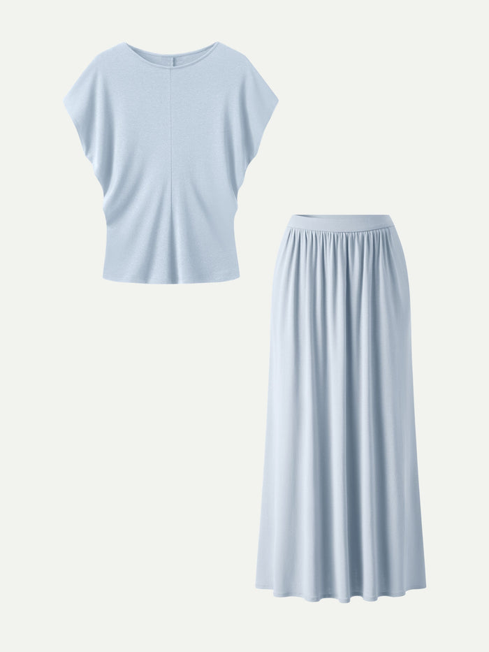 OGLmove 2Pcs Set Round Neck Top & A-Line Maxi Skirt