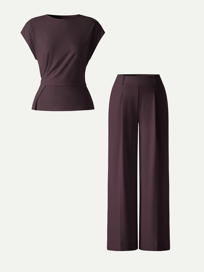 OGLmove 2Pcs Set Round Neck Tucked Top & Wide Leg The Success Pants