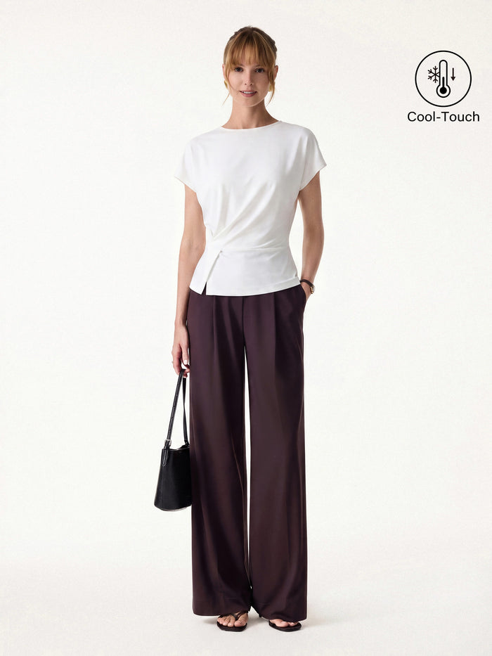OGLmove 2Pcs Set Round Neck Tucked Top & Wide Leg The Success Pants