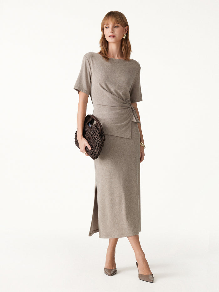 OGLmove 2Pcs Set Short Sleeve Tie-Side Top & Side-Slit A-Line Midi Skirt