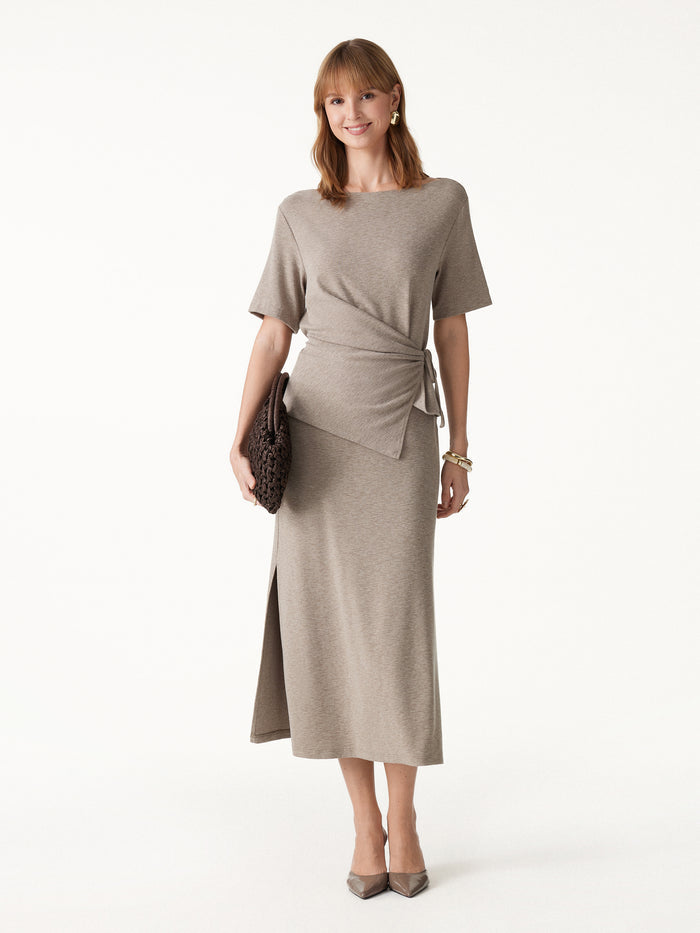 OGLmove 2Pcs Set Short Sleeve Tie-Side Top & Side-Slit A-Line Midi Skirt Heather Dove XXS