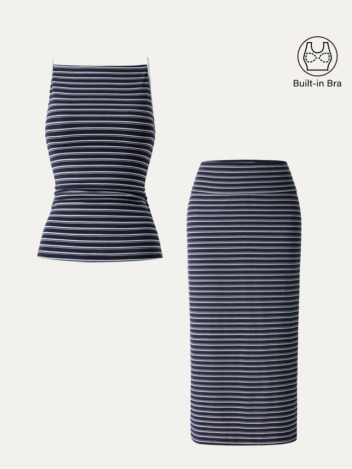 OGLmove 2Pcs Set Striped Spaghetti Bra Top & Low Rise Striped Midi Skirt